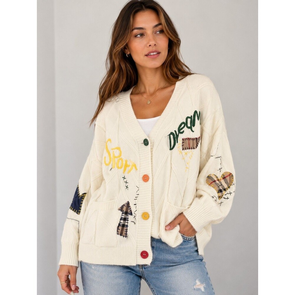 Dream Sport Women's Ivory Patchwork Button Front Knit Cardigan Sweater M